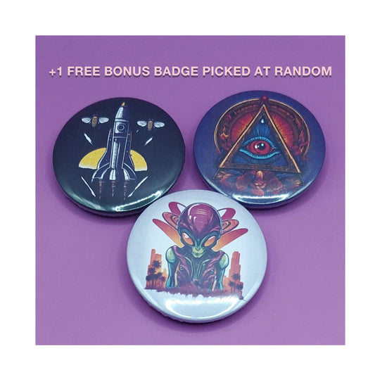 Never a Straight Answer Set Of 4 32mm Pin Badges PLUS 1 FREE BONUS