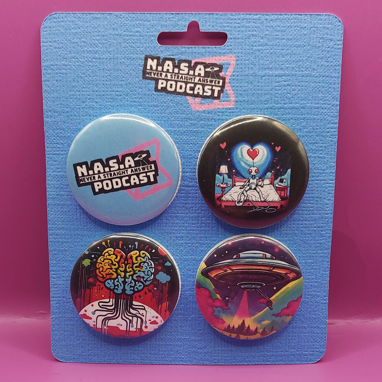 Never a Straight Answer Set Of 4 32mm Pin Badges PLUS 1 FREE BONUS
