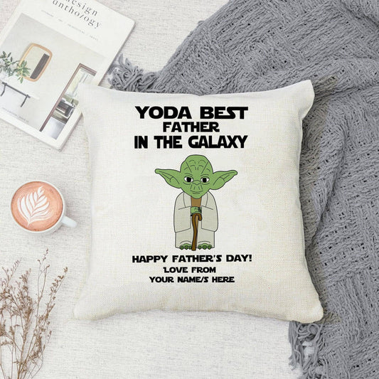 Yoda best father in the galaxy inspired 40x40cm cushion with inner personalised linen canvas texture Father's Day gift - SquidPot