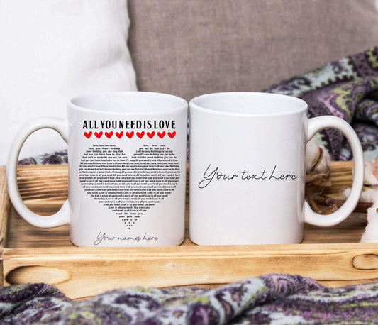 "All You Need Is Love" Mug - Beatles - Lyrics in Heart Mug (Personalised)