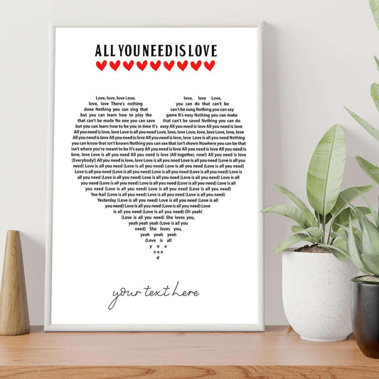 Posters, Prints, & Visual Artwork All You Need Is Love Beatles lyrics A4 Print (Personalised) SquidPot