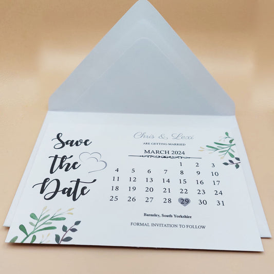Save The Dates Greenery Simple A6 Size With White Lined Envelopes